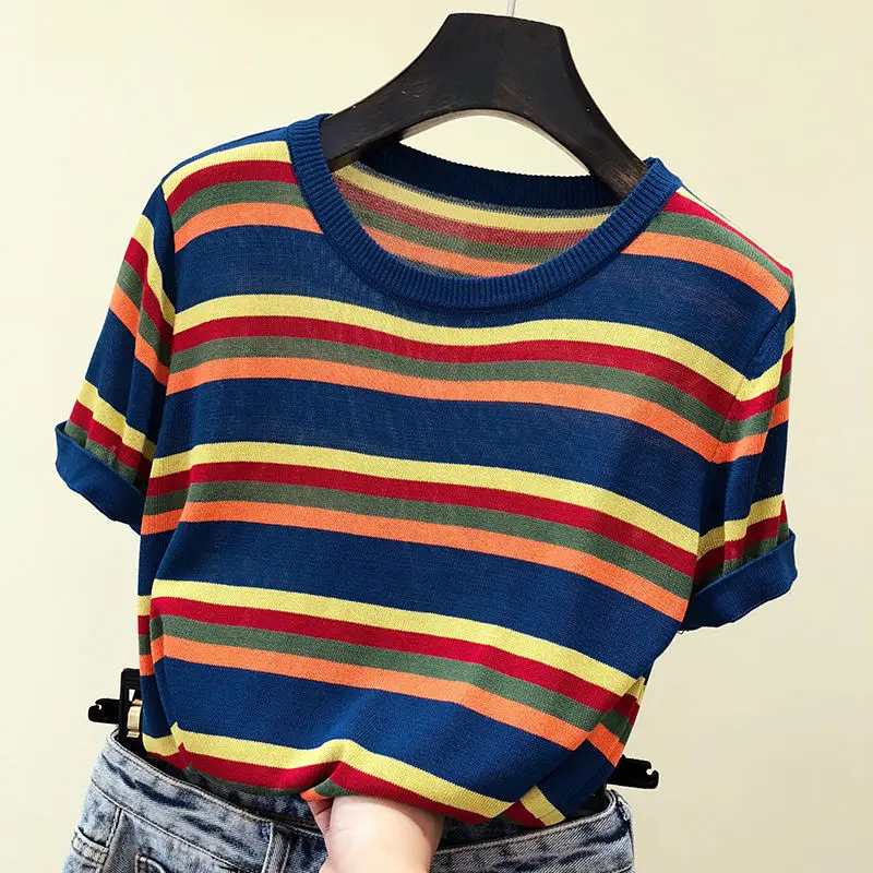 Striped T-shirt short sleeve t-shirt female 2021 new spring and summer slim top Korean base coat
Striped T-shirt short sleeve t-shirt female 2021 new spring and summer slim top Korean base coat