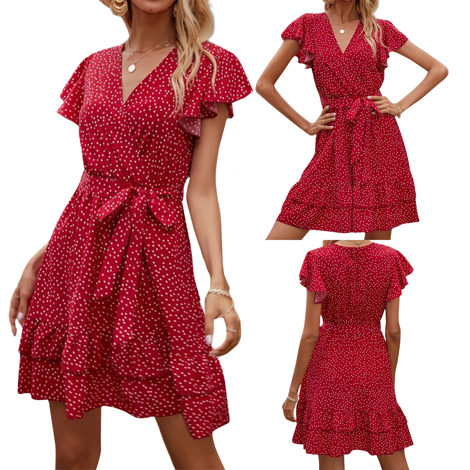 Women Fashion V-neck Polka Dot Dress Stylish Short Sleeve Lace-up Dress for Ladies Female
Women Fashion V-neck Polka Dot Dress Stylish Short Sleeve Lace-up Dress for Ladies Female