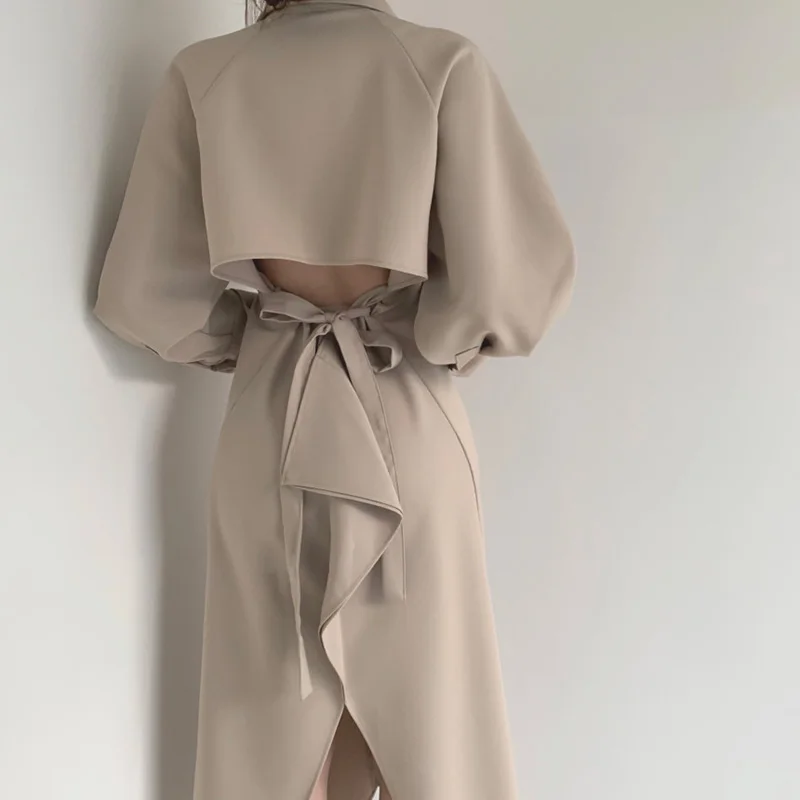 

Croysier Dresses For Women 2021 Elegant Office Lady Collared Long Sleeve Shirt Dress Cut Out Back Tie Sexy Midi Dress With Slit