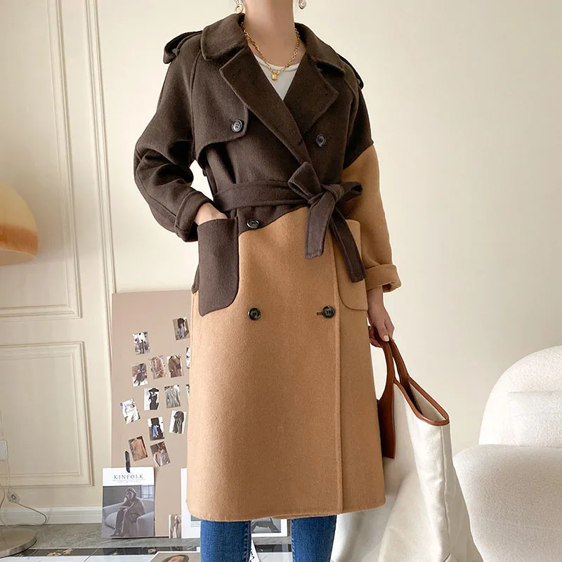 Winter Coffee Khaki Spliced Woollen Overcoat Women Long Loose Wool Jackets With Waistband Europe Street OL Lady Coats Trench
Winter Coffee Khaki Spliced Woollen Overcoat Women Long Loose Wool Jackets With Waistband Europe Street OL Lady Coats Trench