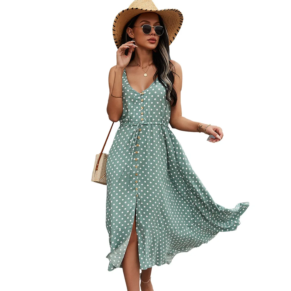 2021 Summer New Polka Dot Printing Vest Button Dress Waist Slim Big Dress Temperament Dress Women Sexy Split Maxi Dresses Femme
2021 Summer New Polka Dot Printing Vest Button Dress Waist Slim Big Dress Temperament Dress Women Sexy Split Maxi Dresses Femme