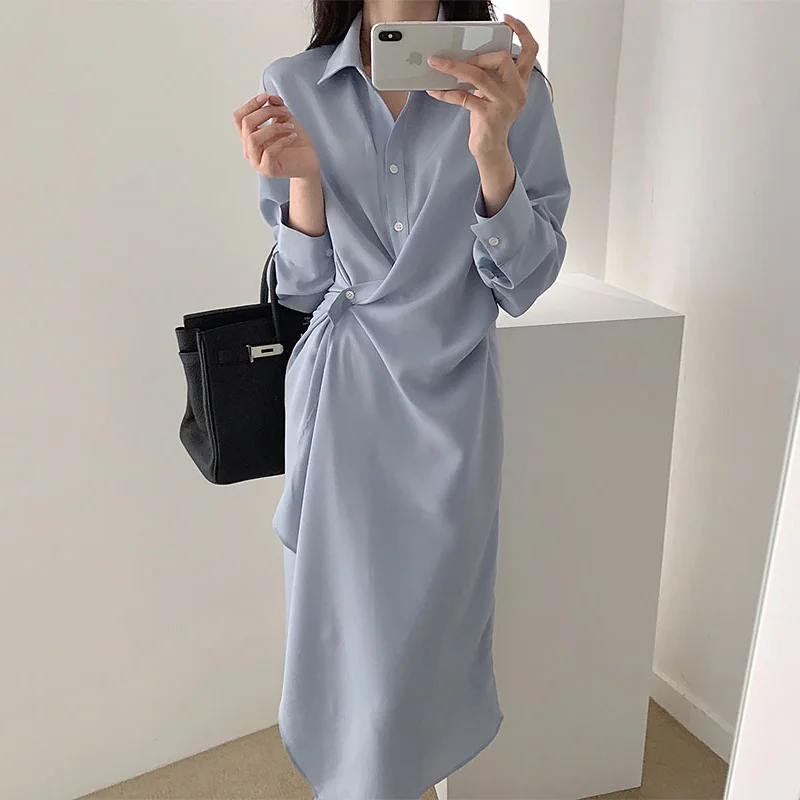 

Causal Dress Women New Spring 2022 Blue Irregular Single Breasted Crossover Diagonal Button Collect Waist Lapel Shirt Dresses