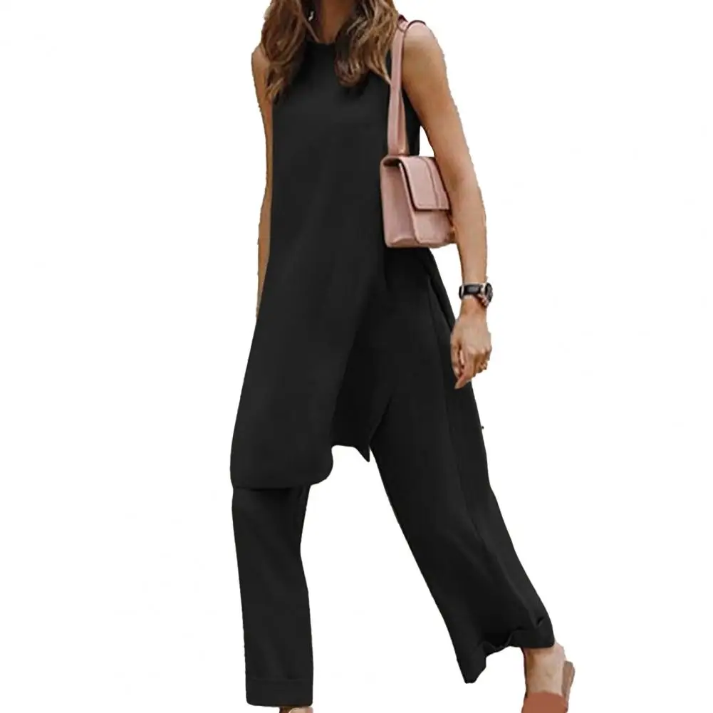 Pants Sleeveless Summer Round Neck Ladies Split Top Cotton Blended Wide Leg Pants Set for Work Summer Women vetement femme 2021 
Pants Sleeveless Summer Round Neck Ladies Split Top Cotton Blended Wide Leg Pants Set for Work Summer Women vetement femme 2021