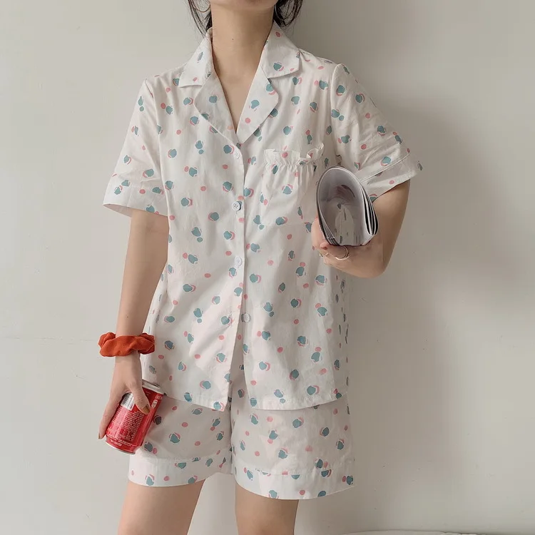 Sleepwear Women Pajamas 2021 Summer Girls' Korean Style Printed Pajamas White Yellow Housewear Suit