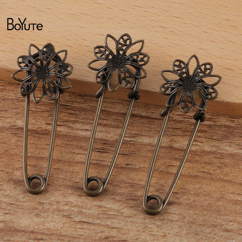 

BoYuTe Custom (200 Pieces/Lot) 35*1.4MM Pins Welding 19MM Filigree Flower Handmade Diy Brooch Base Jewelry Accessories
