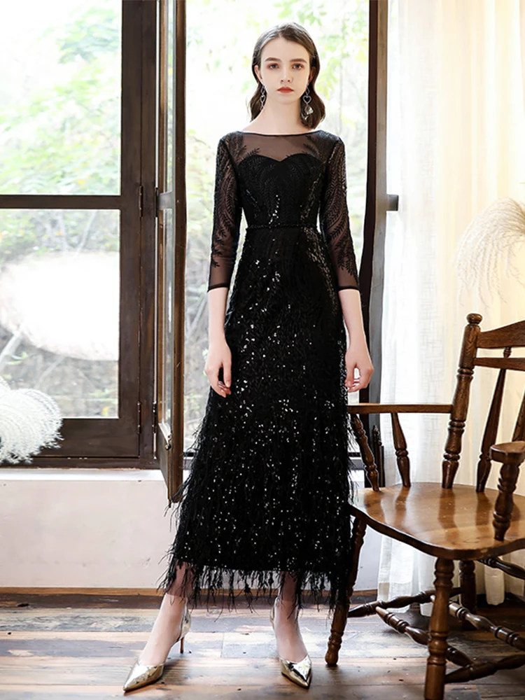 AE705 Новый стиль длиной до щиколотки черные вечерние платья 2020 перья для