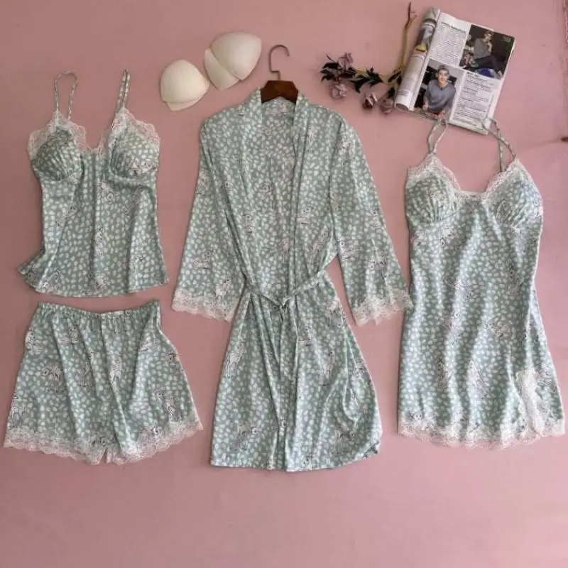 Blue Printed Pajamas Set Sexy Lace 4PCS Sleepwear Women Satin Kimono Gown Female Sleep Set Summer New Pyjamas Suit Homewear
Blue Printed Pajamas Set Sexy Lace 4PCS Sleepwear Women Satin Kimono Gown Female Sleep Set Summer New Pyjamas Suit Homewear