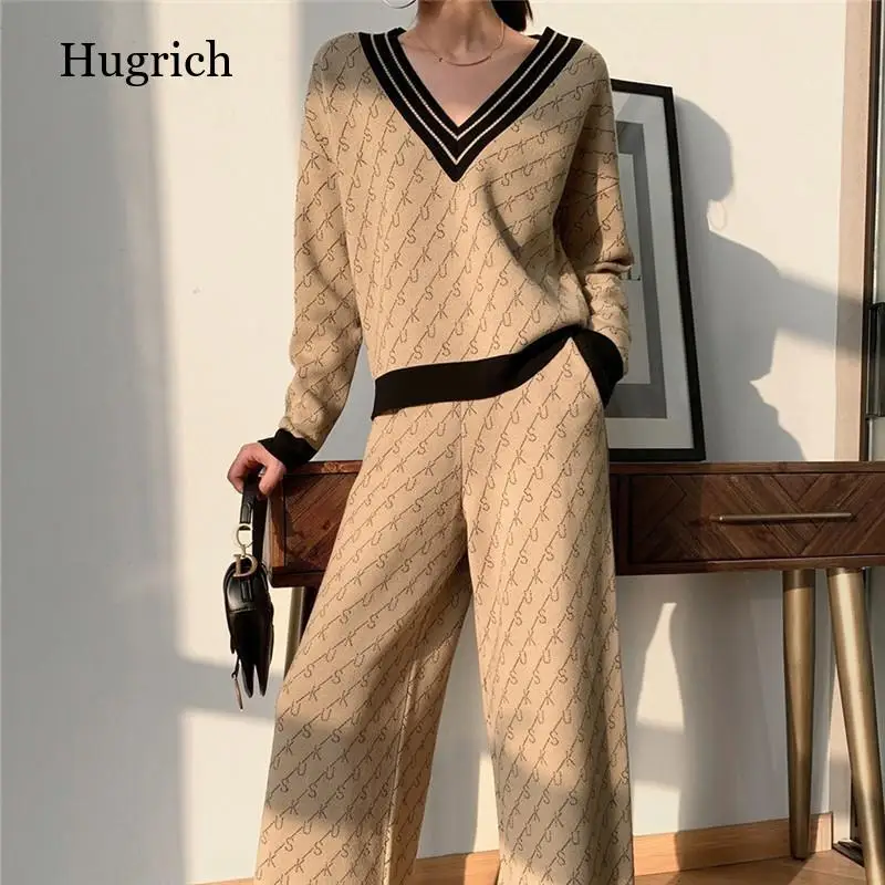 Letter print Sweater 2 Piece sets Woman's V-neck Knitted Pullover+Wide leg pants Stripe Tracksuits Vintage suits Elegant Outfits
Letter print Sweater 2 Piece sets Woman's V-neck Knitted Pullover+Wide leg pants Stripe Tracksuits Vintage suits Elegant Outfits