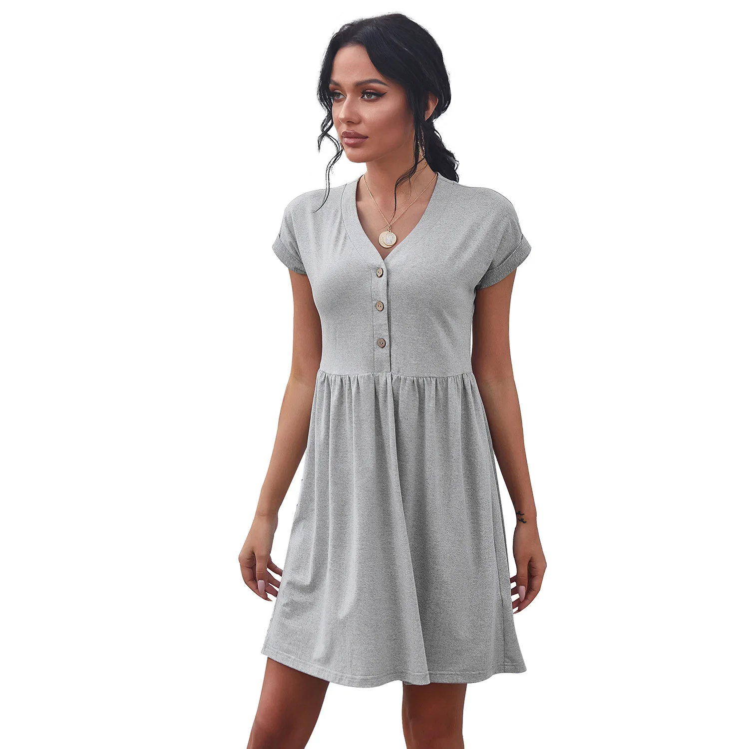 Summer New Style Hot Sale Solid Color V-neck Button Women's Dress with Three Buttons Short-sleeved High-waisted Large Swing
Summer New Style Hot Sale Solid Color V-neck Button Women's Dress with Three Buttons Short-sleeved High-waisted Large Swing