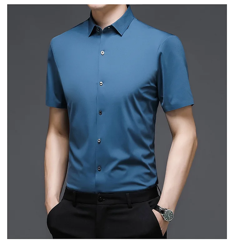 2021 Lapel seamless shirt men's summer short sleeve no iron solid slim shirt men's business simple Dad 
2021 Lapel seamless shirt men's summer short sleeve no iron solid slim shirt men's business simple Dad