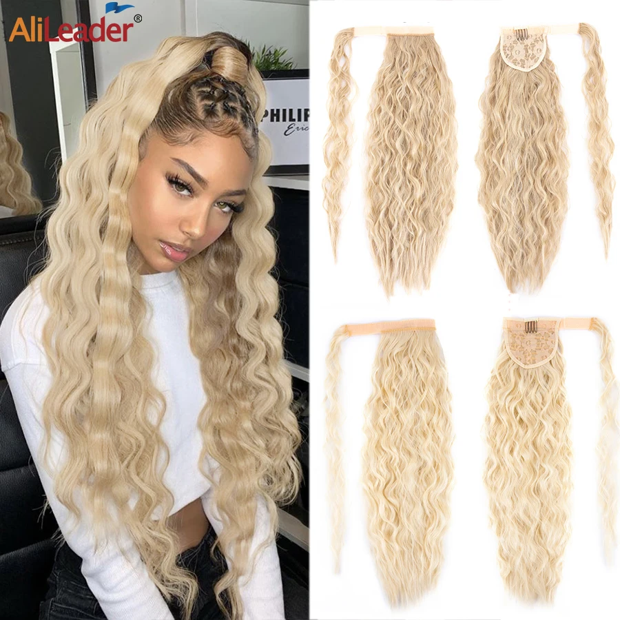 

22Inch Corn Wavy Ponytail Synthetic Long Curly Ponytail Wrap On Clip Hair Extensions Ombre Blonde Brown Fack Ponytail Hairpieces