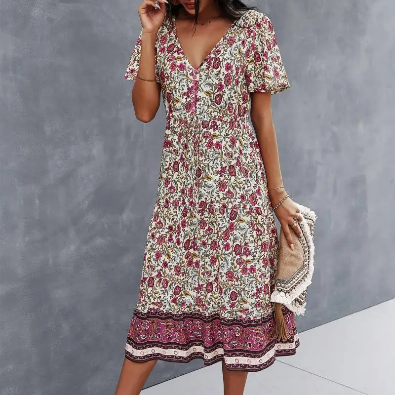 Bohemian Summer Women Long Dress Floral Short Sleeve Clothing V-Neck Empire Loose Holiday 2021 New Fashion Beach Women's Dresses 
Bohemian Summer Women Long Dress Floral Short Sleeve Clothing V-Neck Empire Loose Holiday 2021 New Fashion Beach Women's Dresses