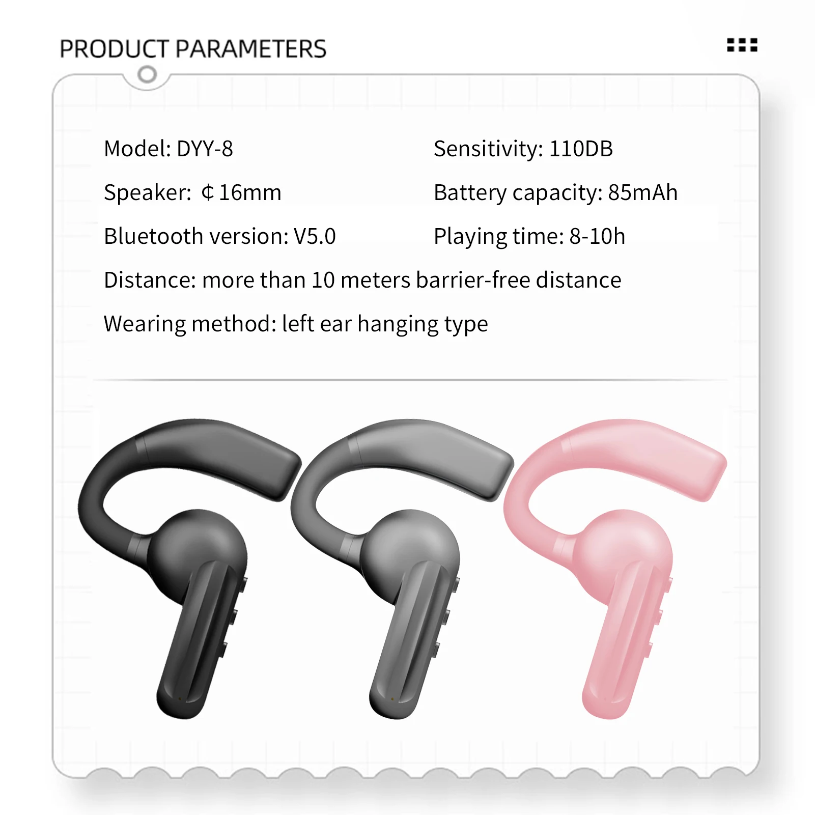 DYY-8 Bluetooth Headset Not In-Ear Bone Conduction Concept Ear-Mounted Ultra-Long Standby Sports Wireless Single-Ear Car Headset 
DYY-8 Bluetooth Headset Not In-Ear Bone Conduction Concept Ear-Mounted Ultra-Long Standby Sports Wireless Single-Ear Car Headset