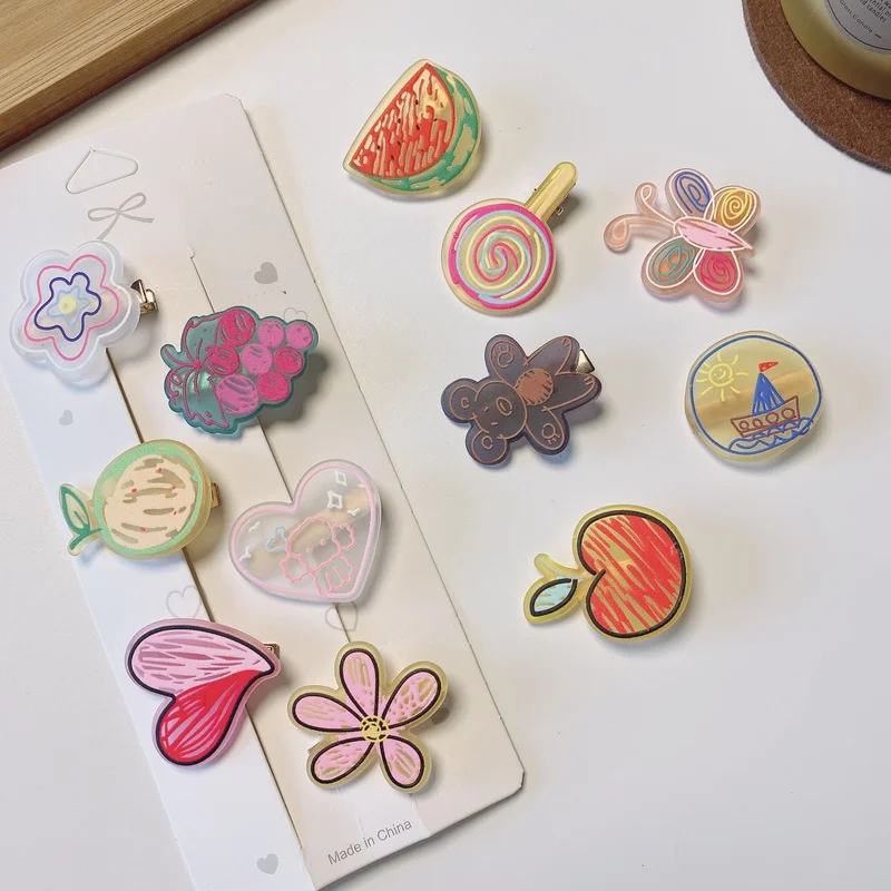 6 шт., детские акриловые заколки для волос с фруктами и цветами 
6 шт., детские акриловые заколки для волос с фруктами и цветами