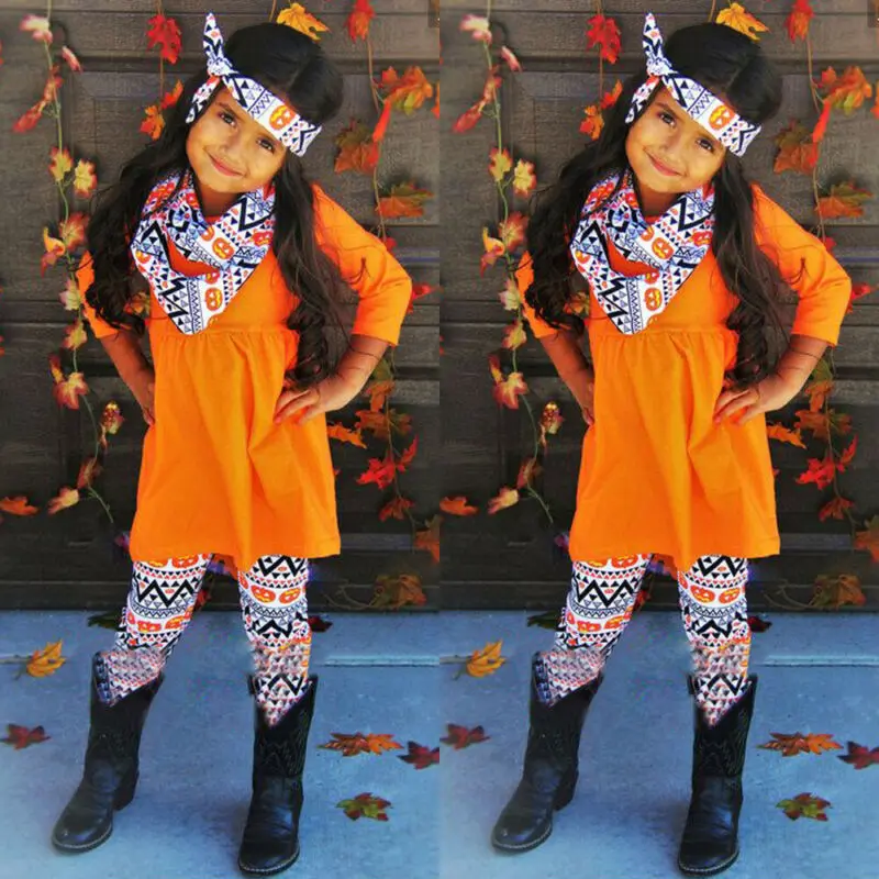Fashion Toddler Baby Girls Halloween Clothes Set Tops Long Sleeve T-Shirt Stripe Pants Scarf Pumpkin Outfits Autumn 1-6T | Мать и ребенок