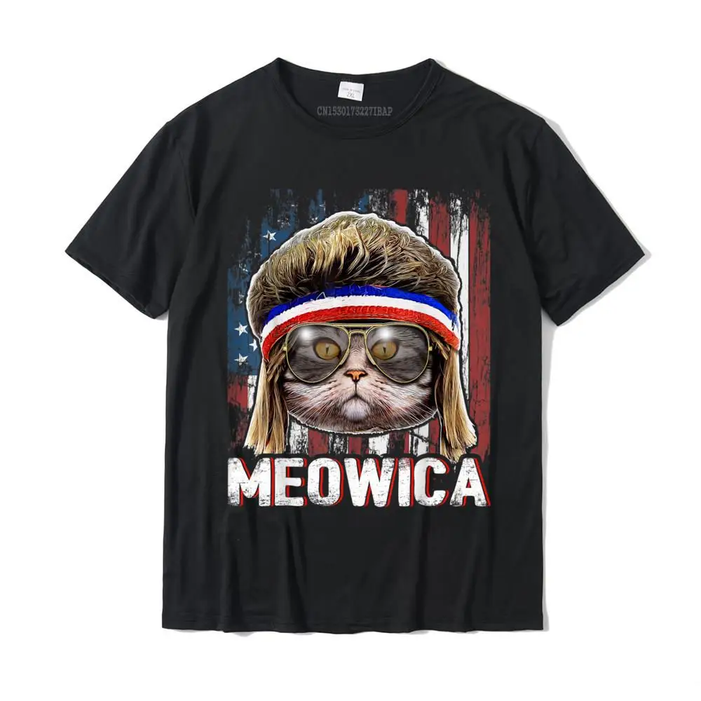

Meowica Cat Mullet American Flag Patriotic 4th Of July Gift T-Shirt Company Casual Tshirts Cotton Mens Tees Printing