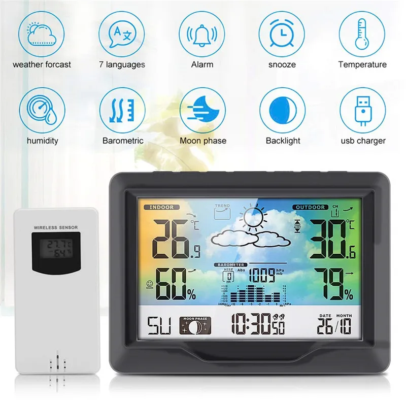 

New Weather Station Wireless Indoor Outdoor Sensor with Alert Thermometer Hygrometer Home Digital Alarm Clock Barometer Forecast