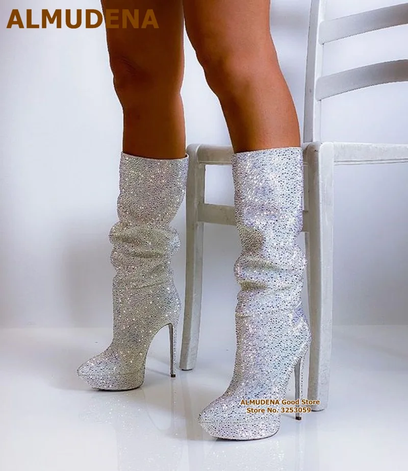 ALMUDENA Bling Bling Silver Crystal Knee High Boots Stiletto Heels Platform Glitter Rhinestone Wedding Shoes Fall Winter Boots
ALMUDENA Bling Bling Silver Crystal Knee High Boots Stiletto Heels Platform Glitter Rhinestone Wedding Shoes Fall Winter Boots