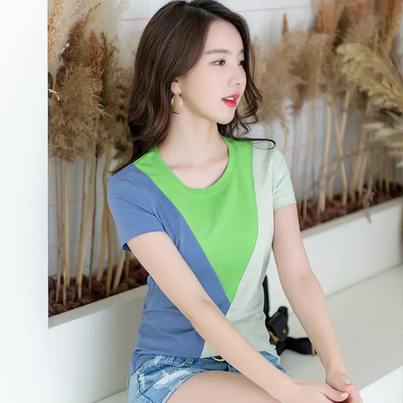 Fashion color contrast stitching T-shirt female short sleeve foreign style blouse new round neck slim top in summer 2021
Fashion color contrast stitching T-shirt female short sleeve foreign style blouse new round neck slim top in summer 2021