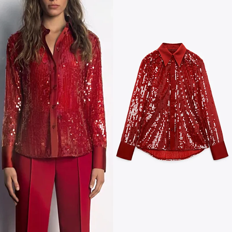 Spring Autumn Women Sequins Blouse Fashion Turn Down Collar Solid Long Sleeve Streetwear Shirt Female Casual Red Tops Streetwear
Spring Autumn Women Sequins Blouse Fashion Turn Down Collar Solid Long Sleeve Streetwear Shirt Female Casual Red Tops Streetwear