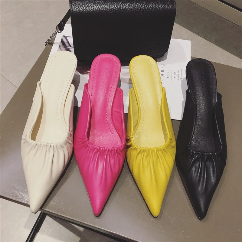 2020 Summer New Elegant Women Yellow Beige Low Heels Slides Mules Pointed Toe Slippers Designer Rose Red High Shoes | Обувь