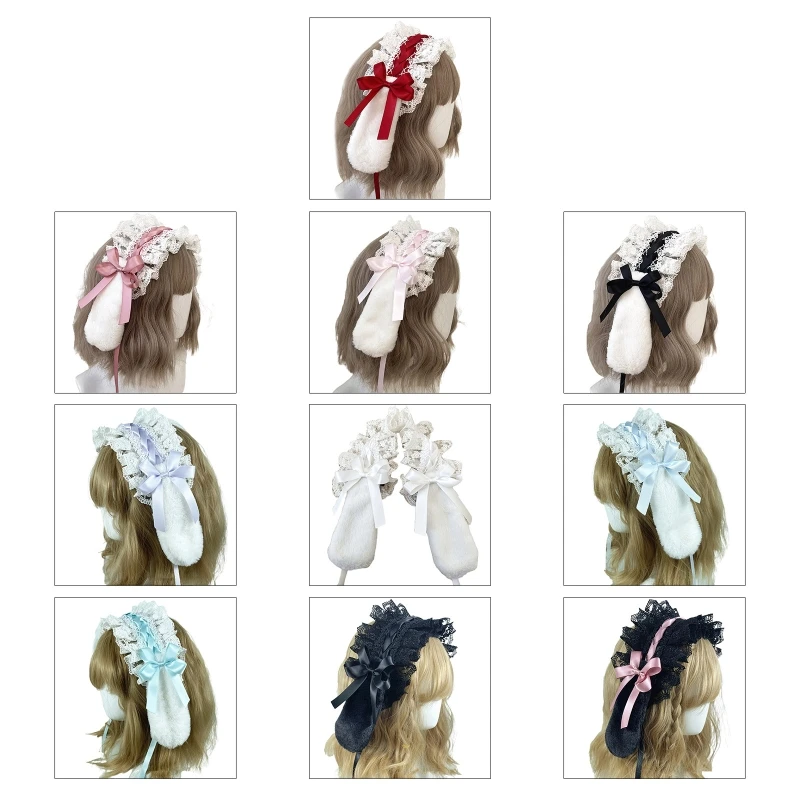 

Mesh Ruffles Lace Headdress Lolita Ribbon Bowknot Headbands with Bunny Ear Maid Anime Headwrap Cosplay Headpiece