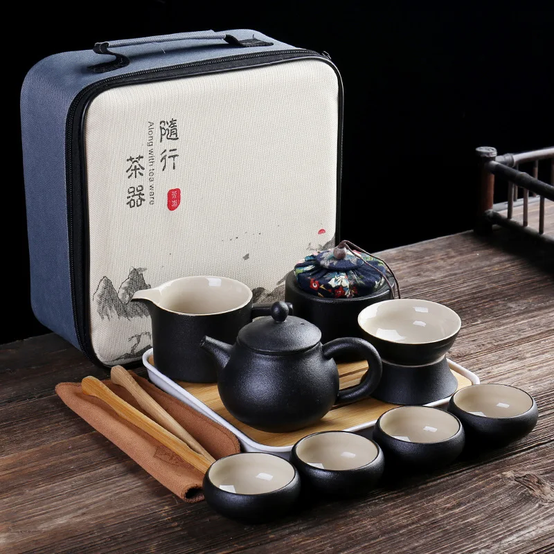 

Портативный керамический чайный сервиз, китайский чайный набор кунг-фу, чайный горшок, дорожная чайная посуда с мешочком, Gaiwan, чайные чашки ...