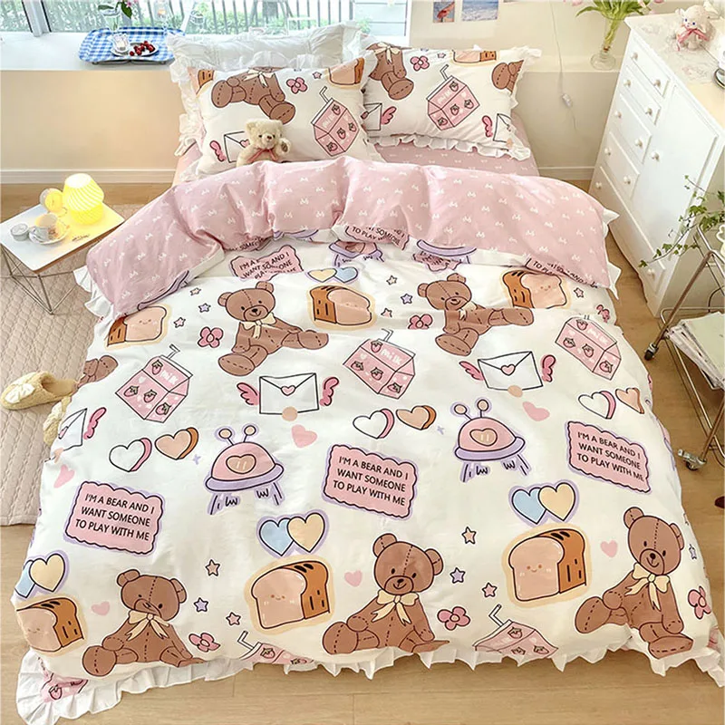 Floral Cute Bear Cotton Bedding Set Luxury Egyptian Duvet Cover Cute Lace Sheet Fitting Set Belt PillowCase Pink Single Double 
Floral Cute Bear Cotton Bedding Set Luxury Egyptian Duvet Cover Cute Lace Sheet Fitting Set Belt PillowCase Pink Single Double