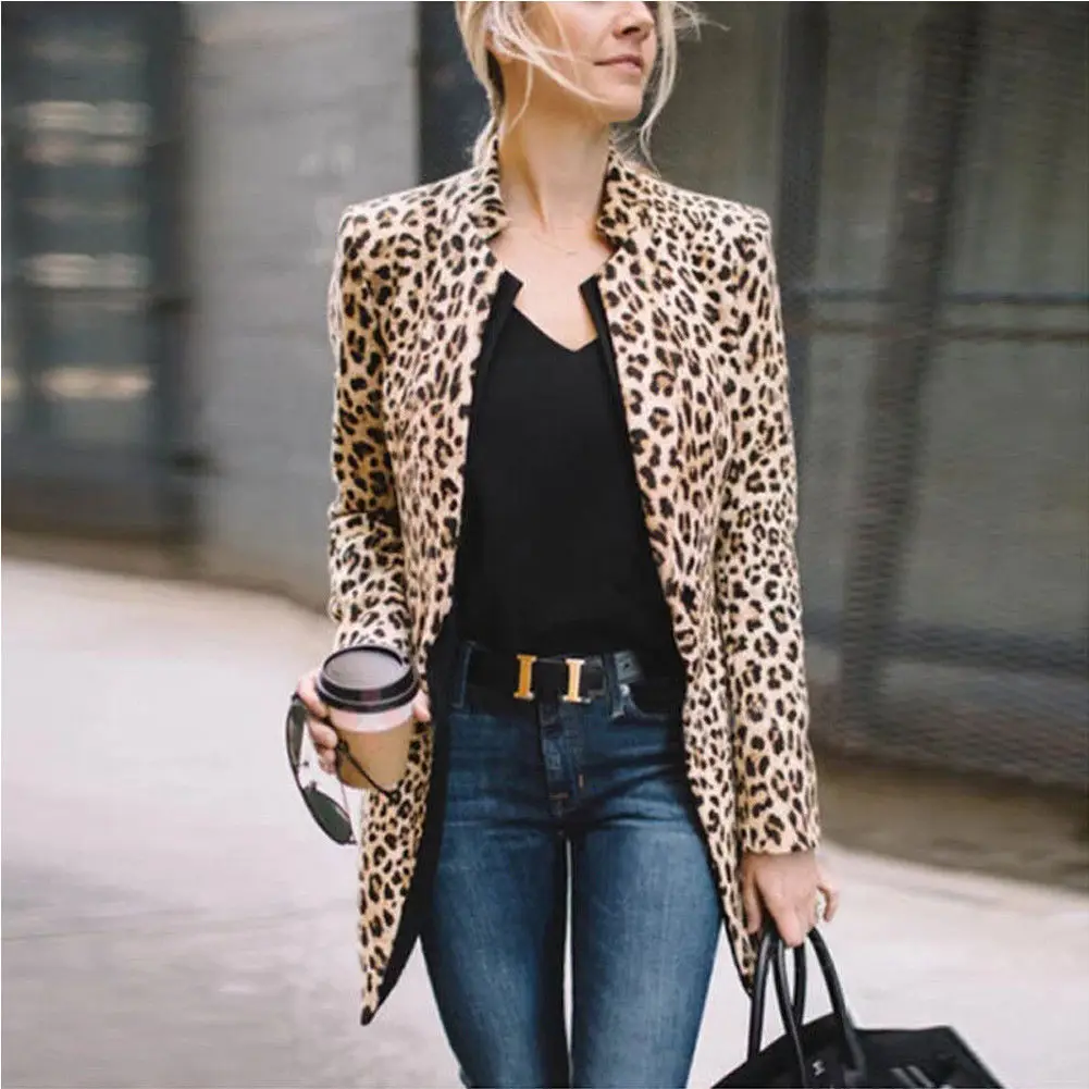 Фото Женский винтажный блейзер с леопардовым принтом пальто отложным воротником и
