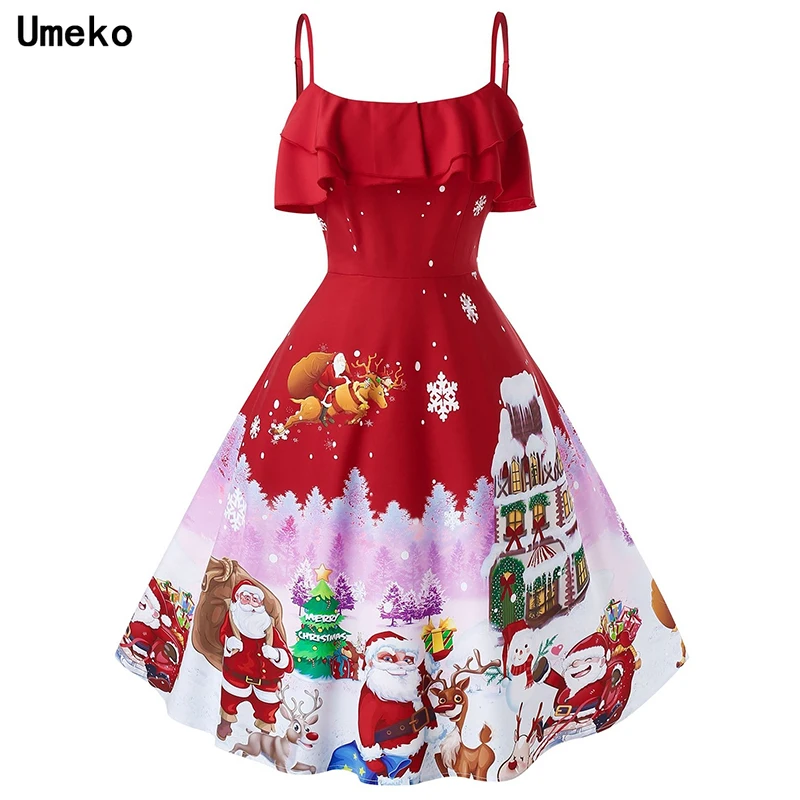 Фото Женское рождественское платье без рукавов Umeko красное элегантное трапециевидной