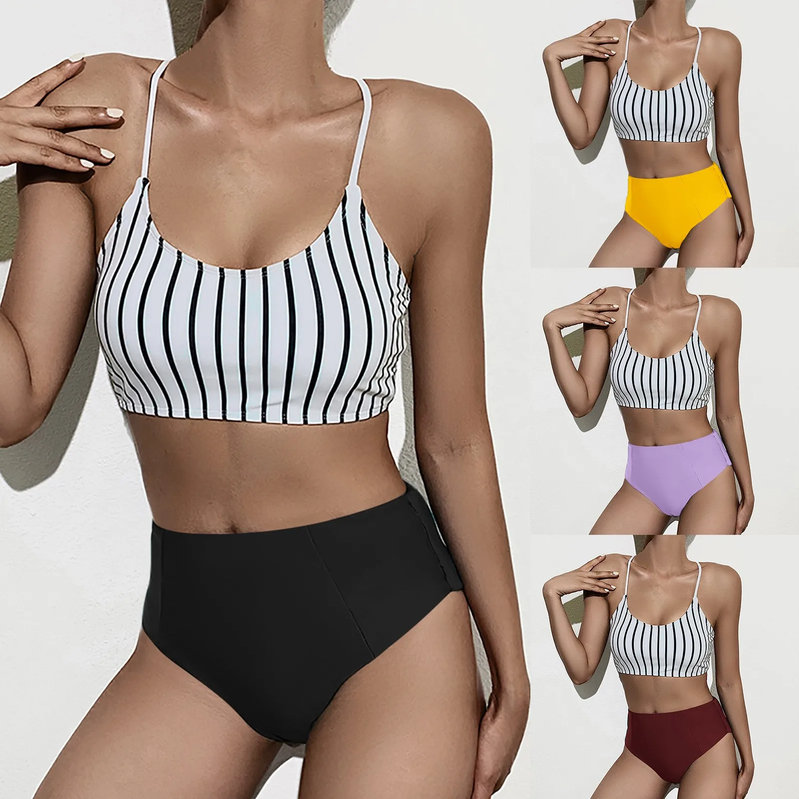 Летний раздельный купальник бикини для женщин сексуальная открытая спина однотонный в полоску с завышенной талией Регулируемый пляжное би... 
Летний раздельный купальник бикини для женщин сексуальная открытая спина однотонный в полоску с завышенной талией Регулируемый пляжное би...