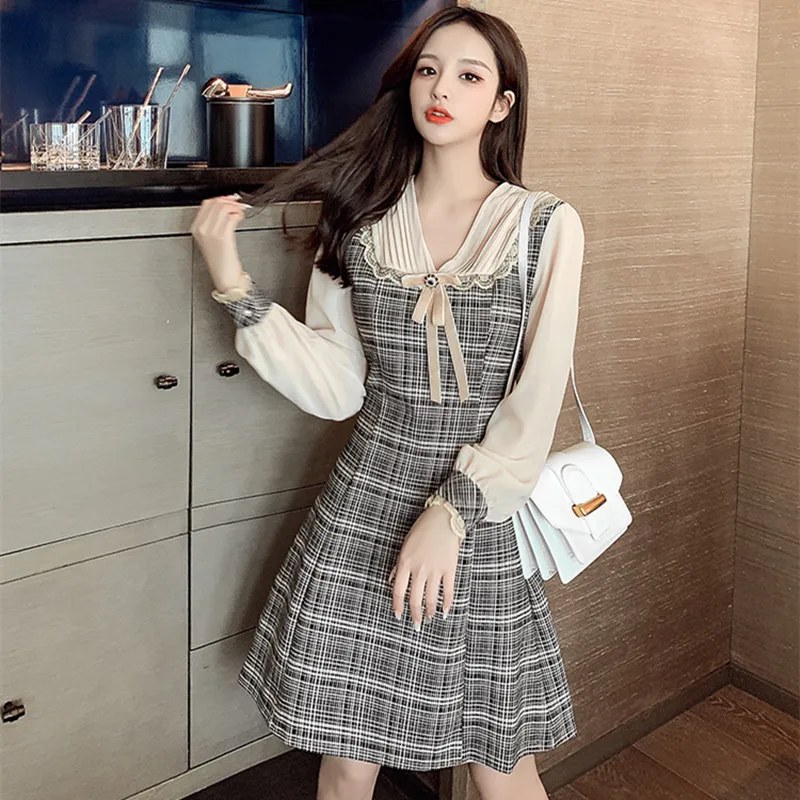 2021 Autumn Women's Dress Casual V-neck Bowknot Chiffon Sleeve Patchwork Slim Plaid A-line Mini Dress Elegant Office Lady Dress
2021 Autumn Women's Dress Casual V-neck Bowknot Chiffon Sleeve Patchwork Slim Plaid A-line Mini Dress Elegant Office Lady Dress