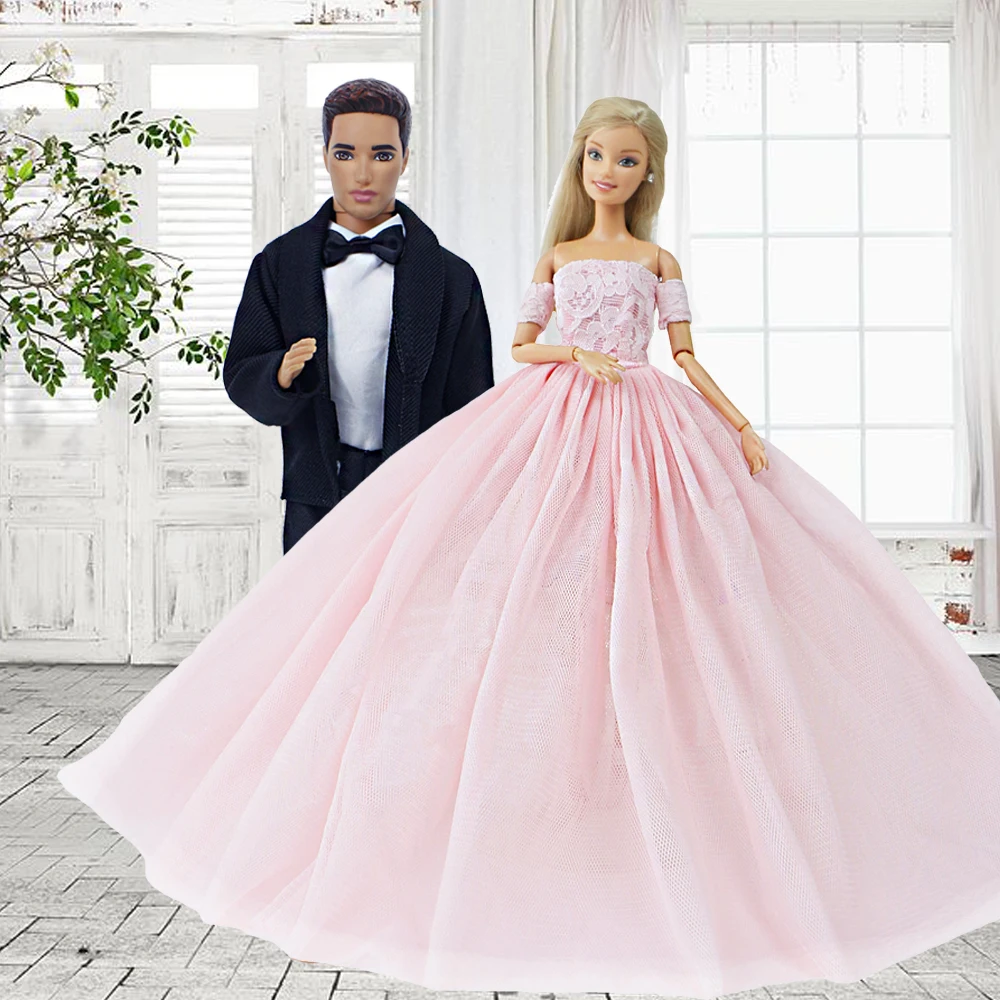 High Quality Lace Doll Dress Bride Wedding Gown Long Veil + Black Blazer Suit Shirt Trousers Clothes for Barbie Accessories | Игрушки и