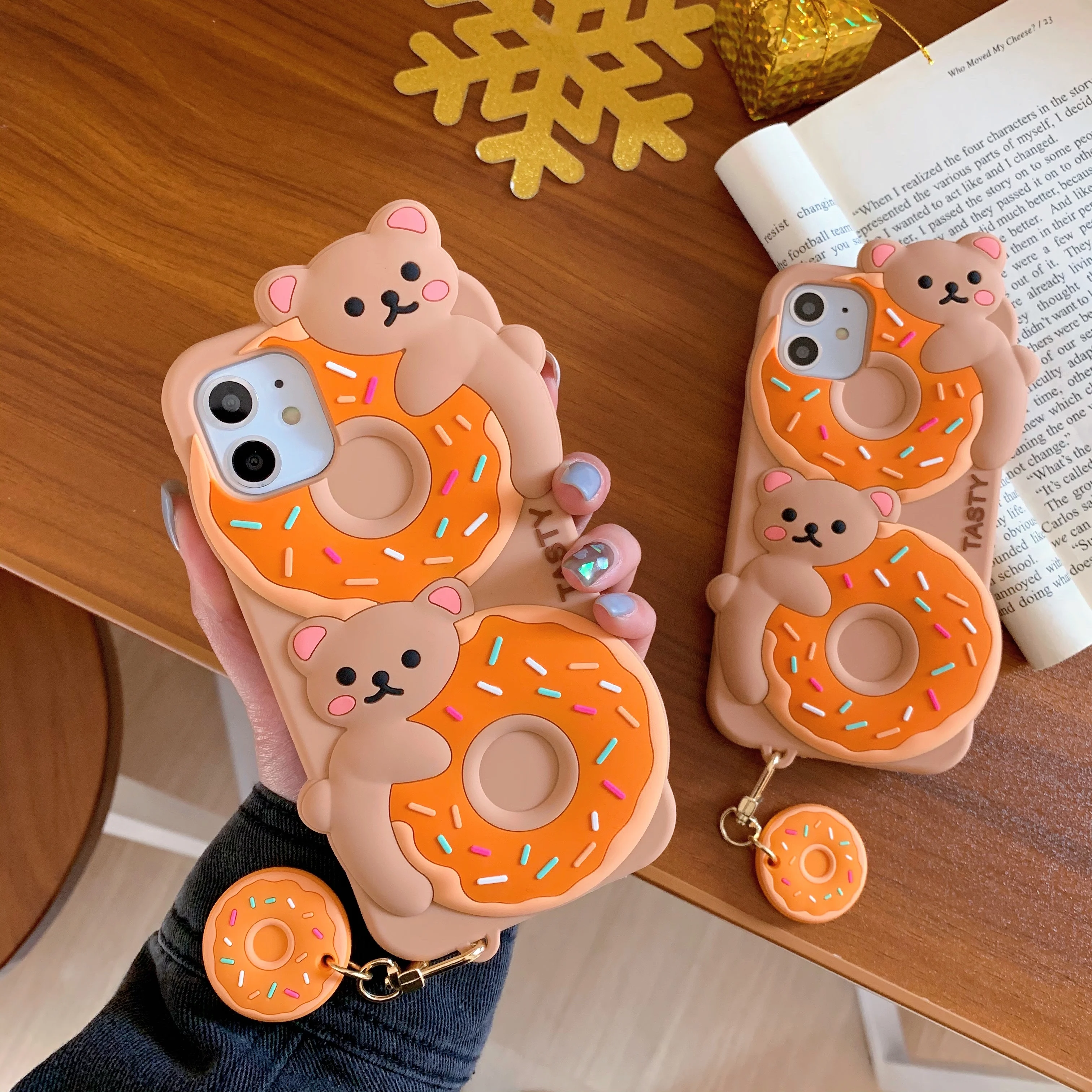 

3D милый мультяшный вкусный пончик медведь чехол для телефона iPhone 12 Mini 11 Pro XS Max 7 8 Plus SE 2020 Брелок с подвеской мягкая задняя крышка