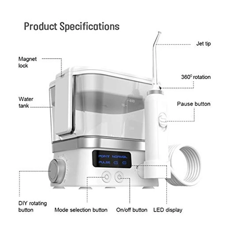 Portable Oral Irrigator 10 Mode Travel Case USB Rechargeable Cordless Water Flosser Water Jet Tooth Pick 600Ml
Portable Oral Irrigator 10 Mode Travel Case USB Rechargeable Cordless Water Flosser Water Jet Tooth Pick 600Ml