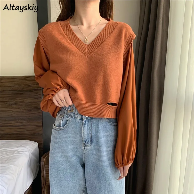 Pullovers Women V-neck Long Lantern Sleeve Hollow-out Casual Loose 5 Colors Korean Fake Two-piece Knitting Spring Streetwear Ins
Pullovers Women V-neck Long Lantern Sleeve Hollow-out Casual Loose 5 Colors Korean Fake Two-piece Knitting Spring Streetwear Ins