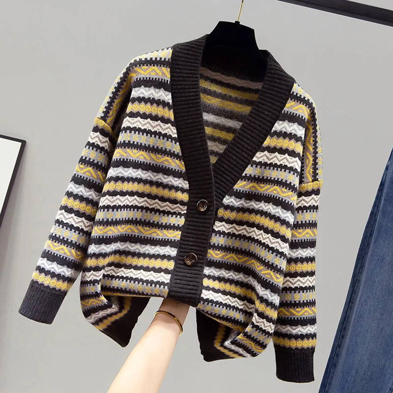 Vintage Style V Neck Knitted Cardigan Women Korean Loose Striped Sweater Women's Jacket 2021 Autumn Casual Knit Pull Femme
Vintage Style V Neck Knitted Cardigan Women Korean Loose Striped Sweater Women's Jacket 2021 Autumn Casual Knit Pull Femme