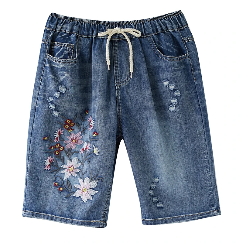 Women Summer Folk Style Elastic Waist Floral Embroidery Drawstring Ripped Shorts Female Office Lady Casual Loose Denim Short 
Women Summer Folk Style Elastic Waist Floral Embroidery Drawstring Ripped Shorts Female Office Lady Casual Loose Denim Short