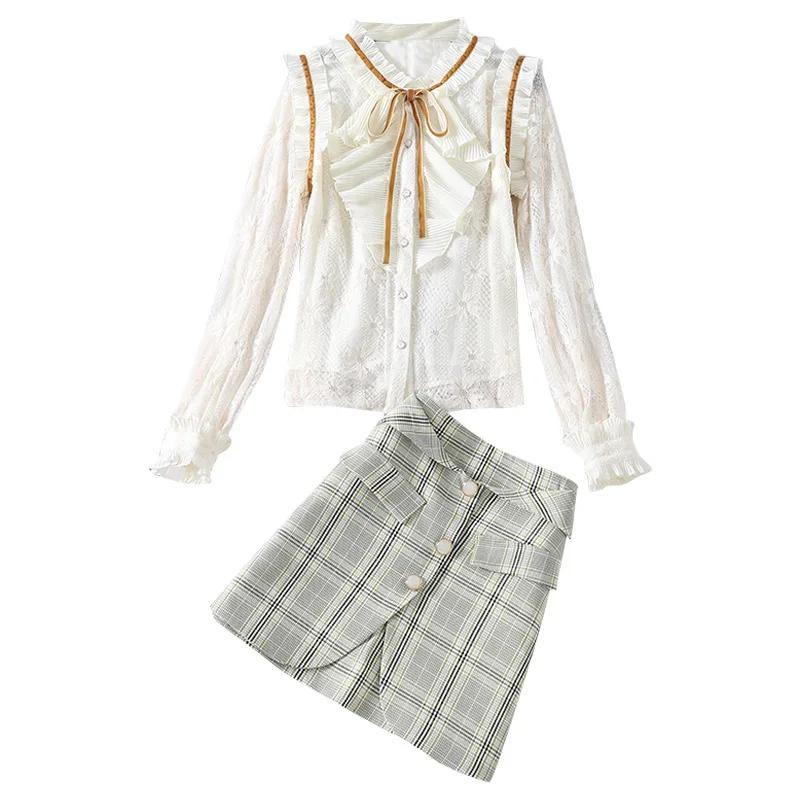 2021 Spring Women's Clothes New Long Sleeve Lace-up Loose Lace Shirt Plaid Irregular Skirt Suit Outfits for Women
2021 Spring Women's Clothes New Long Sleeve Lace-up Loose Lace Shirt Plaid Irregular Skirt Suit Outfits for Women