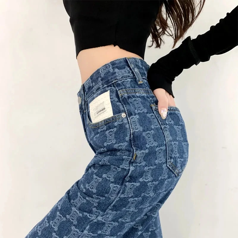 

Jacquard Blue Women Jeans 2022 New Baggy Wide Leg Pant High Waist Straight Pants Basic Streetwear Retro Boyfriend Denim Trousers