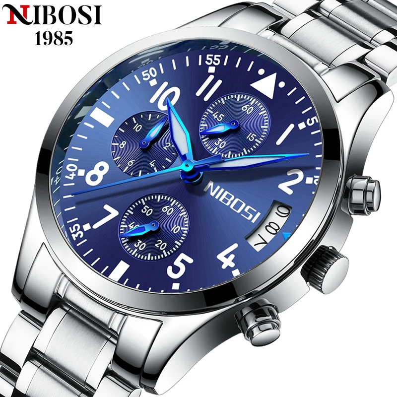 

Часы наручные NIBOSI Мужские кварцевые, брендовые Роскошные модные спортивные полностью стальные водонепроницаемые с хронографом