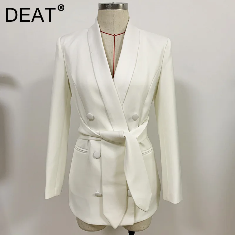 DEAT 2021 New Women Fashion White Slim Fit Notched Long-sleeved Double Breasted Satin Bandage Suit Jacket Autumn Winter 7E6287 
DEAT 2021 New Women Fashion White Slim Fit Notched Long-sleeved Double Breasted Satin Bandage Suit Jacket Autumn Winter 7E6287
