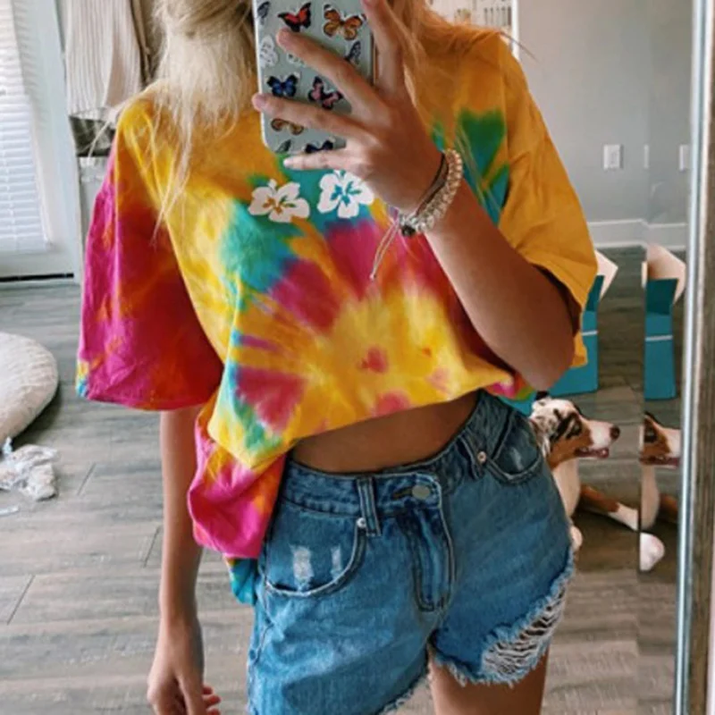 Harajuku Short-Sleeved Summer Female T-Shirt Hip-Hop Tie-Dye Loose Tee Shirt Over Size Flower Sun Printed Casual Woman Tshirt 
Harajuku Short-Sleeved Summer Female T-Shirt Hip-Hop Tie-Dye Loose Tee Shirt Over Size Flower Sun Printed Casual Woman Tshirt