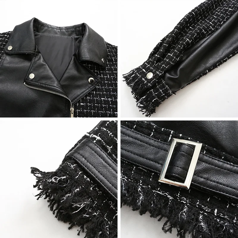 2020 New Spring Patchwork Leather Jacket Womens Street Stylish Small Fragrant Wind PU Leather Spliced Plaid Tweed Jacket Coats
2020 New Spring Patchwork Leather Jacket Womens Street Stylish Small Fragrant Wind PU Leather Spliced Plaid Tweed Jacket Coats