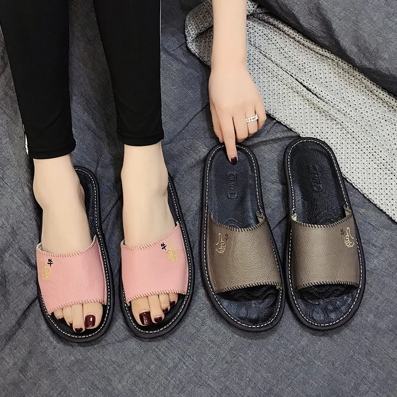 Genuine Leather Couple's Summer Indoor Slippers Cow Anti-Slip Men&Women Home Shoes Fashion Casual | Обувь