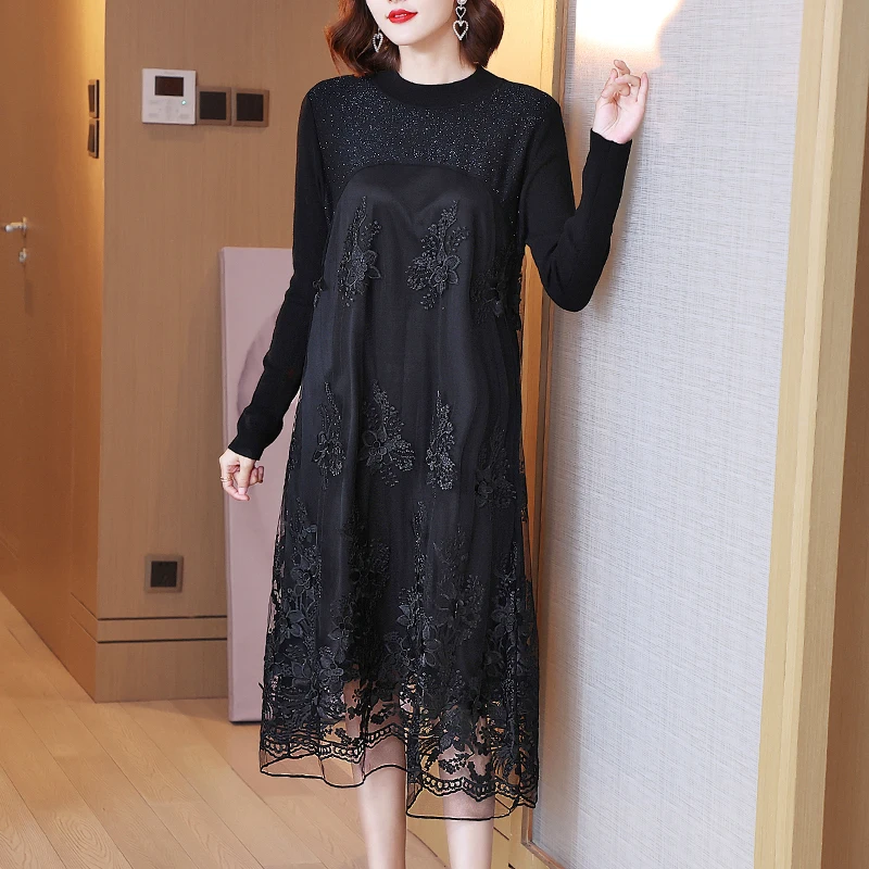 Black Dress Plus Size For Women 45-75kg 2021 Autumn New Fashion Knitted Mesh Patchwork Round Neck Long Sleeve A Line Dresses
Black Dress Plus Size For Women 45-75kg 2021 Autumn New Fashion Knitted Mesh Patchwork Round Neck Long Sleeve A Line Dresses