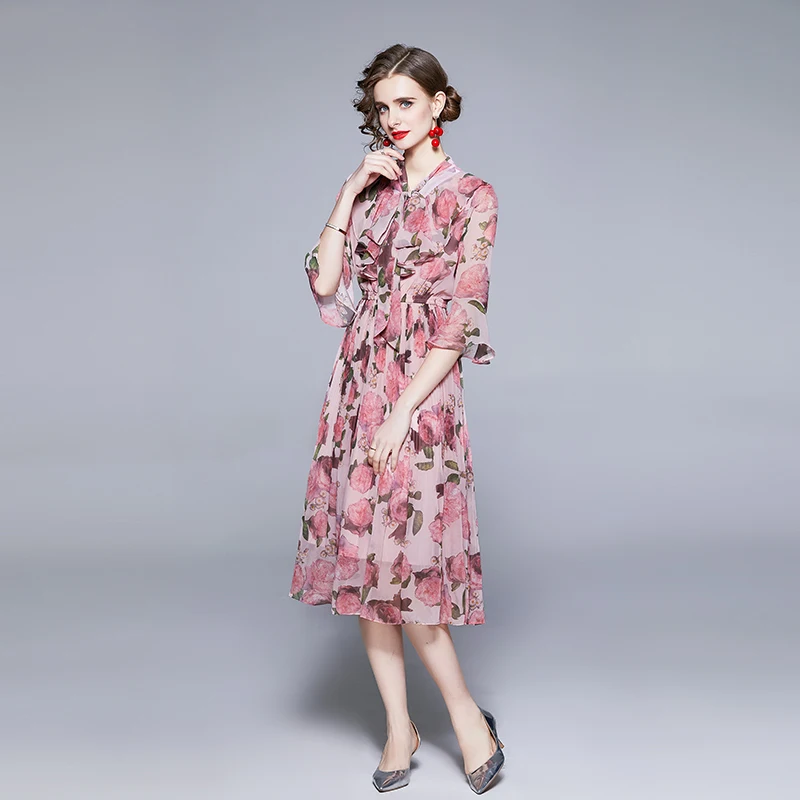 Женское длинное платье с бантом ZUOMAN розовое элегантное цветочным принтом лето |