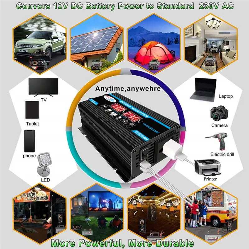 Car Power Inverter Charger Adapte Peak 4000W Digital Car Inverter DC 12V To AC 220/110V Dual USB Modified Sine Wave Converter
Car Power Inverter Charger Adapte Peak 4000W Digital Car Inverter DC 12V To AC 220/110V Dual USB Modified Sine Wave Converter