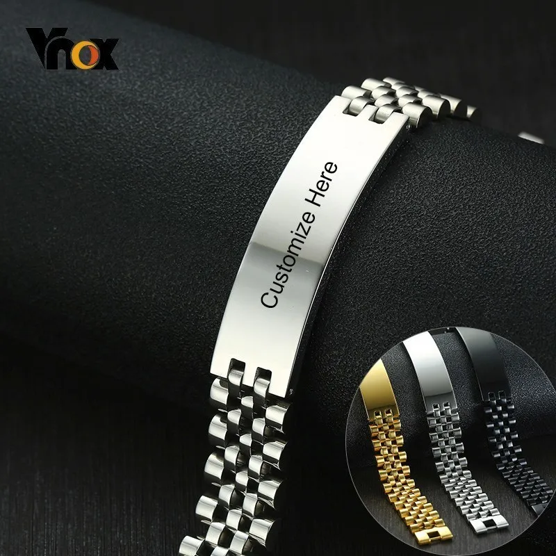 

Vnox 15mm Chunky Bracelets for Men Free Engraving 3 Color Stainless Steel Watch Band with ID Bar Design Tough Man Custom Jewelry
