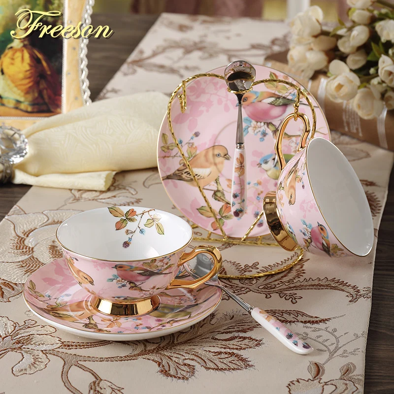 

Pastoral Bird Bone China Tea Cup Saucer Spoon Set Europe Porcelain Coffee Cup 200ml Mug Tray Cafe Tumbler Party Drinkware